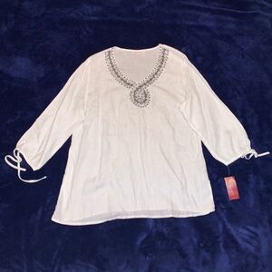 New Jm Collection Painted Blooms White Beaded V-Neck Blouse 3/4 Sleeve Size 16